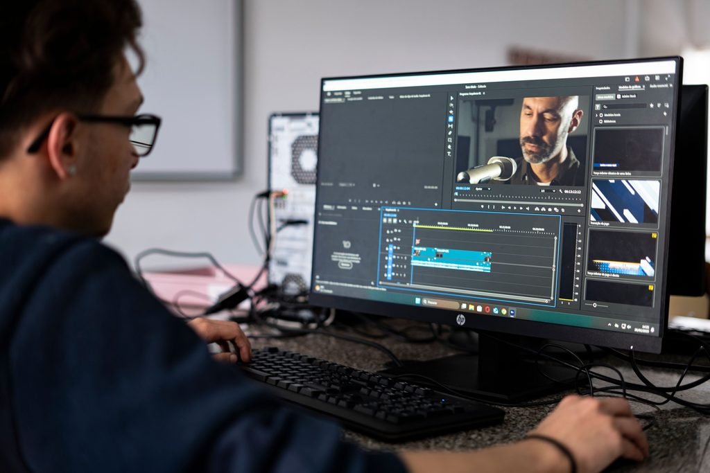Professional video editing software timeline on a computer monitor